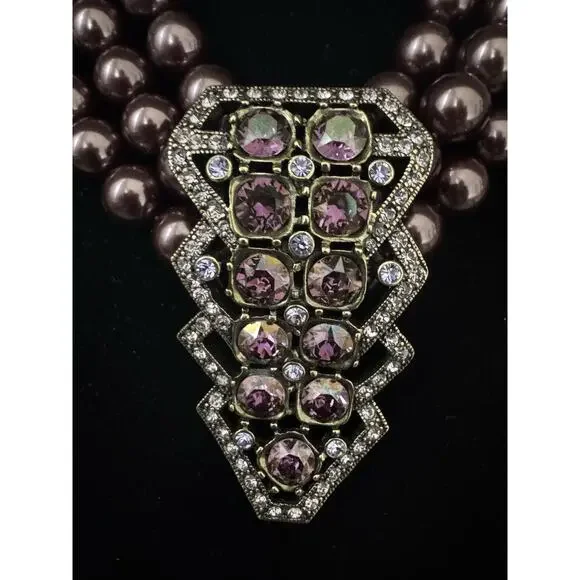 Heidi Daus Aubergine Art Deco Triple Strand Vintage Necklace AB Crystal Pendant - Picture 7 of 16